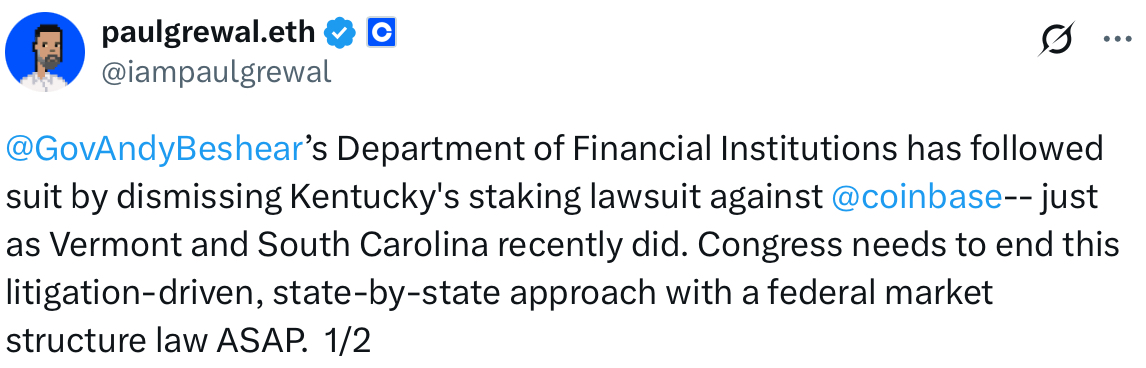 Kentucky joins Vermont and South Carolina in dropping Coinbase staking suit