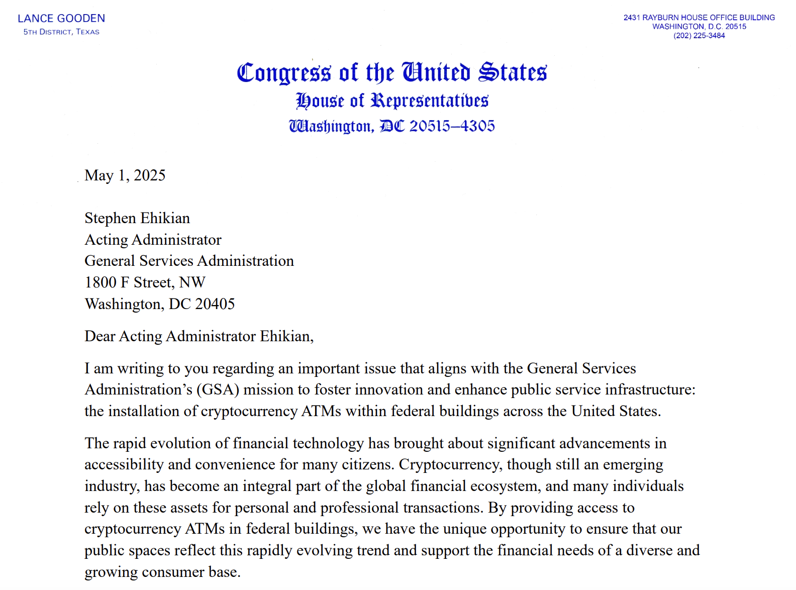 US lawmaker proposes crypto ATMs in federal buildings