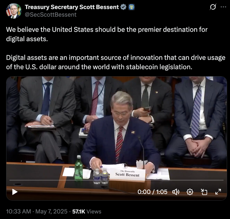 US Treasury Secretary expresses support for crypto bills at hearing