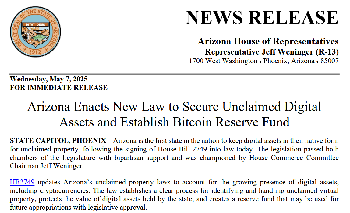 Arizona governor signs law for state to keep unclaimed crypto