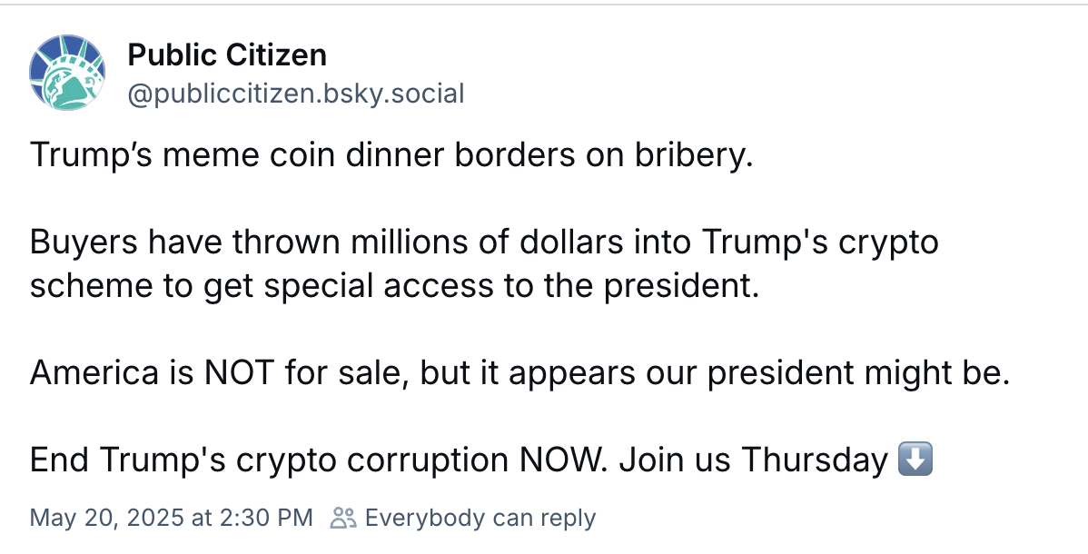 Interest groups, lawmakers to protest Trump's memecoin dinner