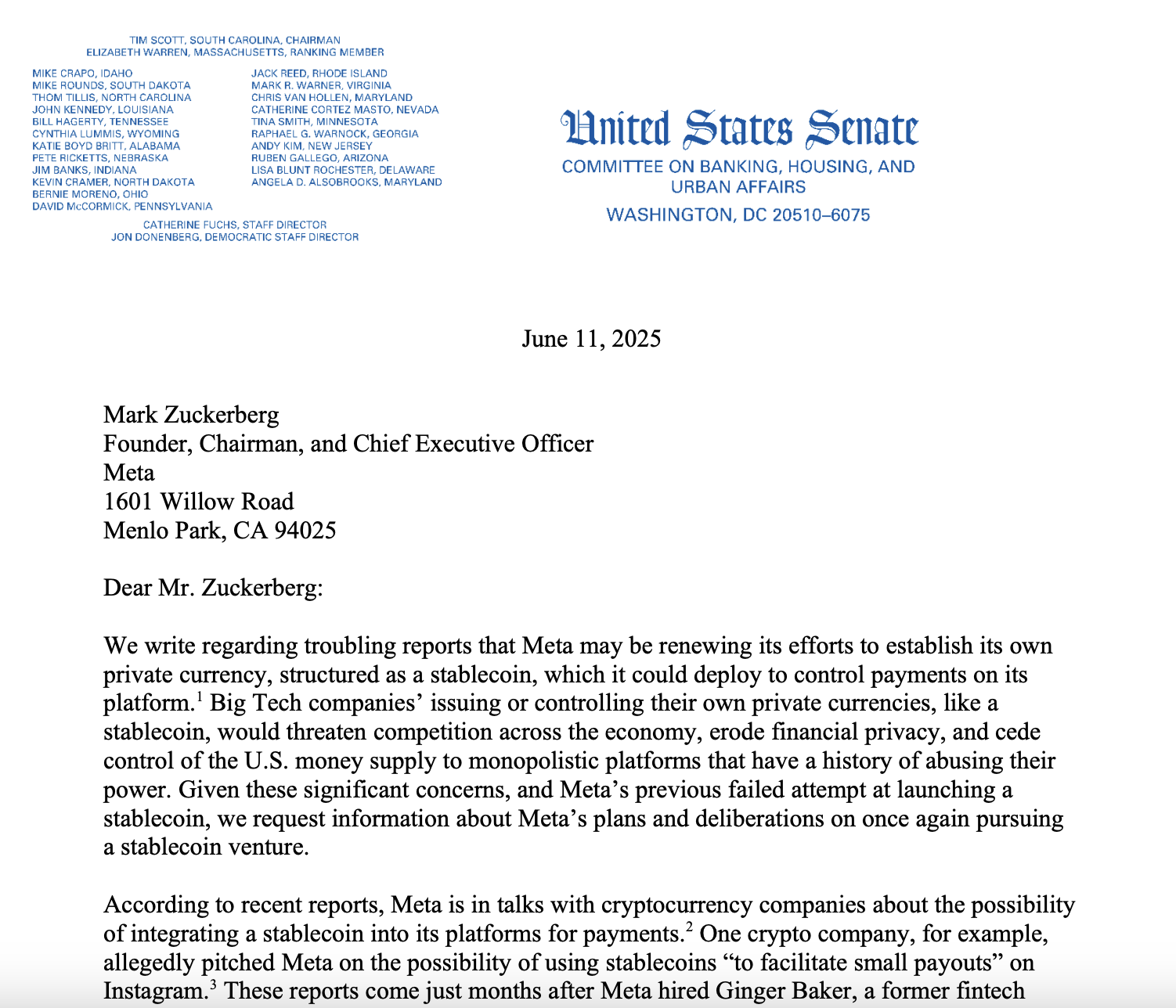 US senators question Meta’s stablecoin plans amid GENIUS Act debate