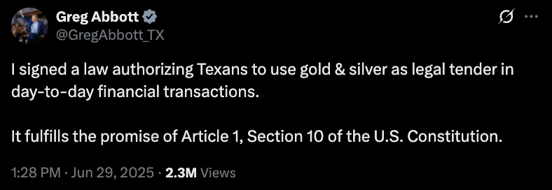 Texas makes gold, silver legal tender following governor’s approval