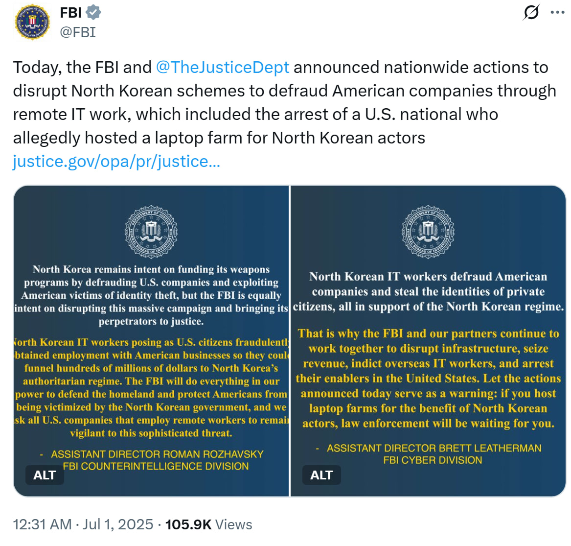 DOJ charges 4 North Koreans in $1M crypto theft from blockchain startup