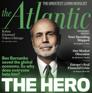 Magazine Cover of The Atlantic Featuring Ben Bernanke, labeled ’THE HERO’ Inflation on Demand: How the Fed Turned US Capitalism Into Elite Welfare
