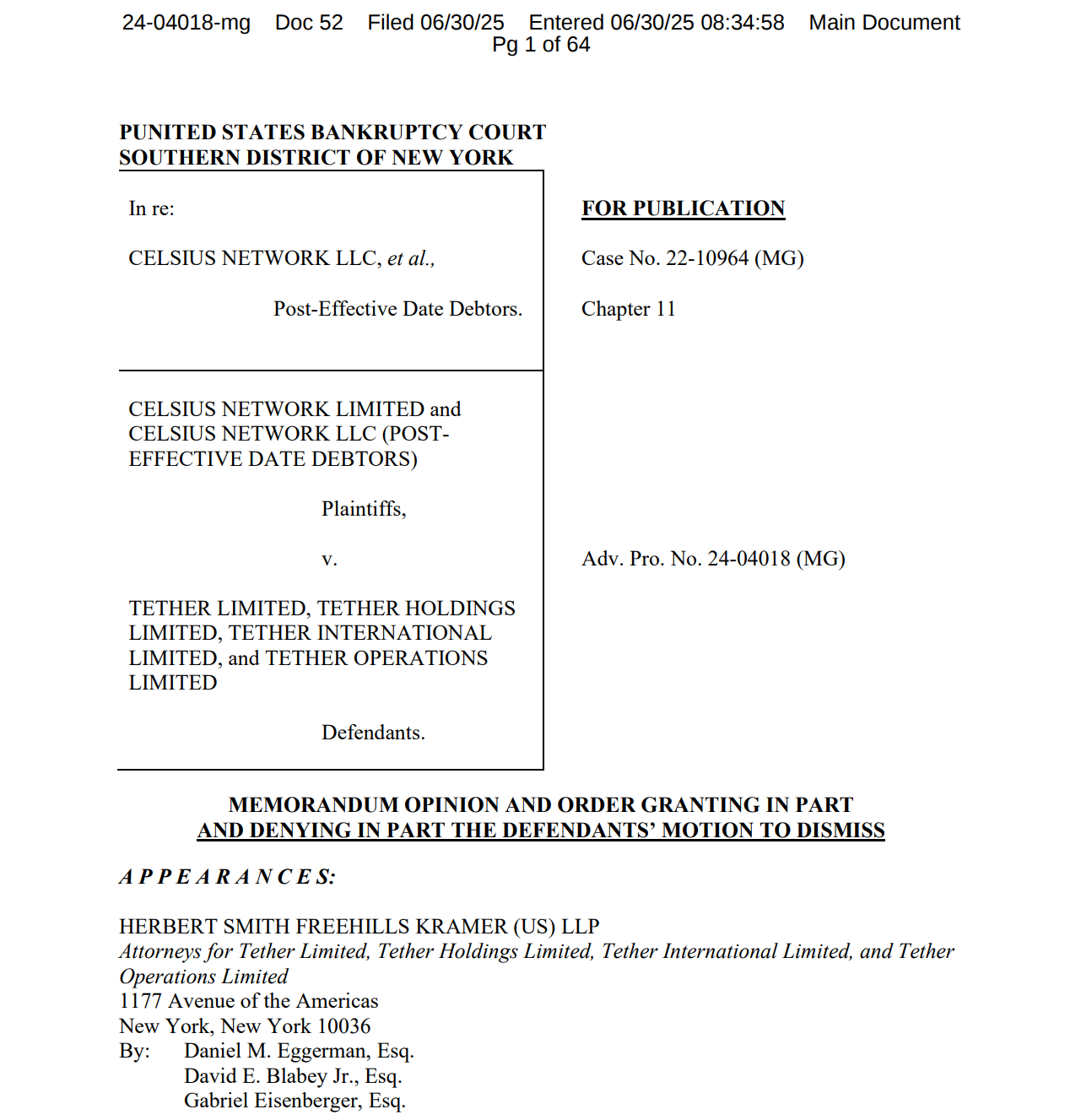 Judge lets Celsius $4B Bitcoin lawsuit against Tether move forward