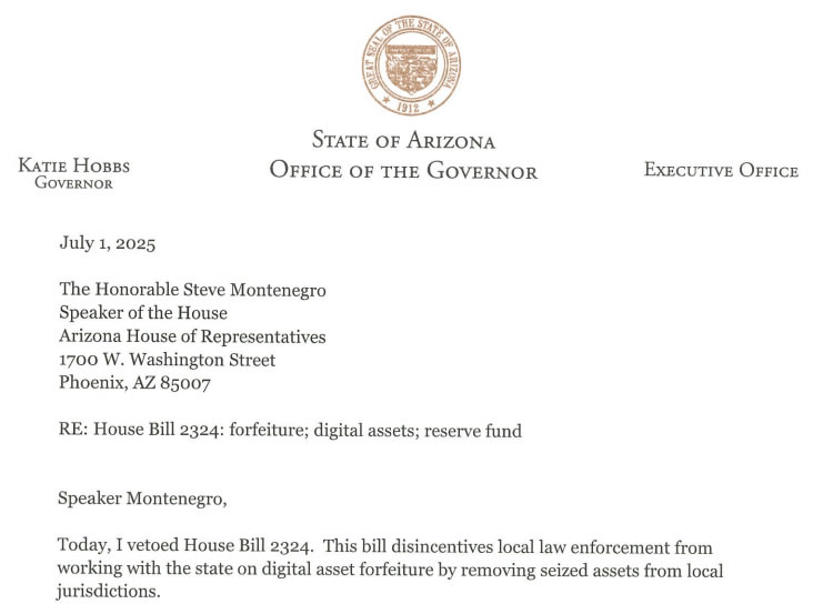 Arizona governor vetoes bill to stockpile seized crypto