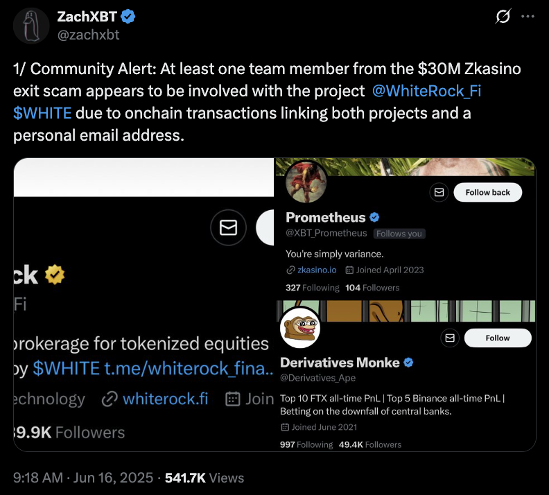 WhiteRock founder to be extradited over $30M ZKasino case — ZachXBT