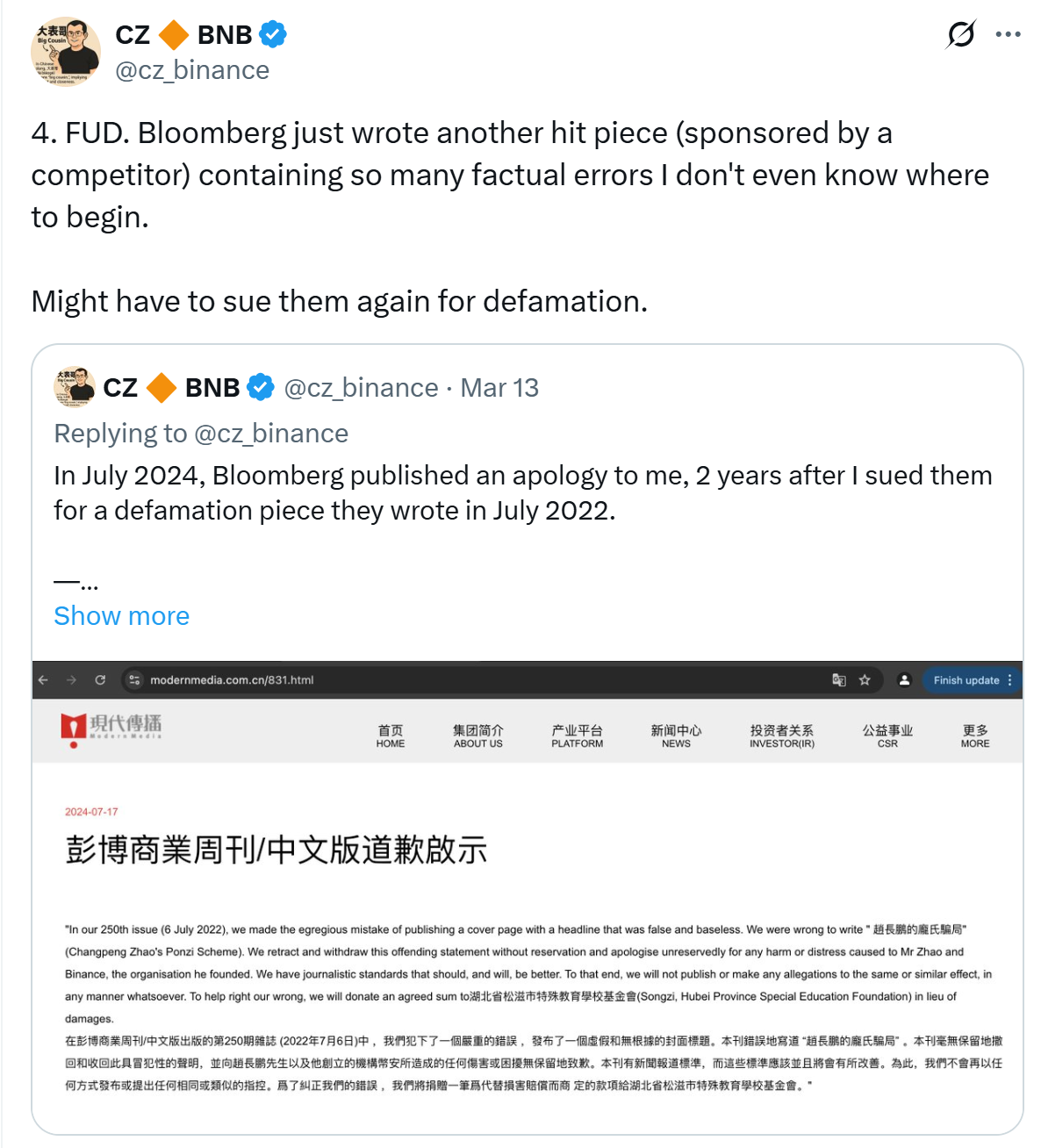 Binance’s CZ threatens to sue Bloomberg over Trump stablecoin report