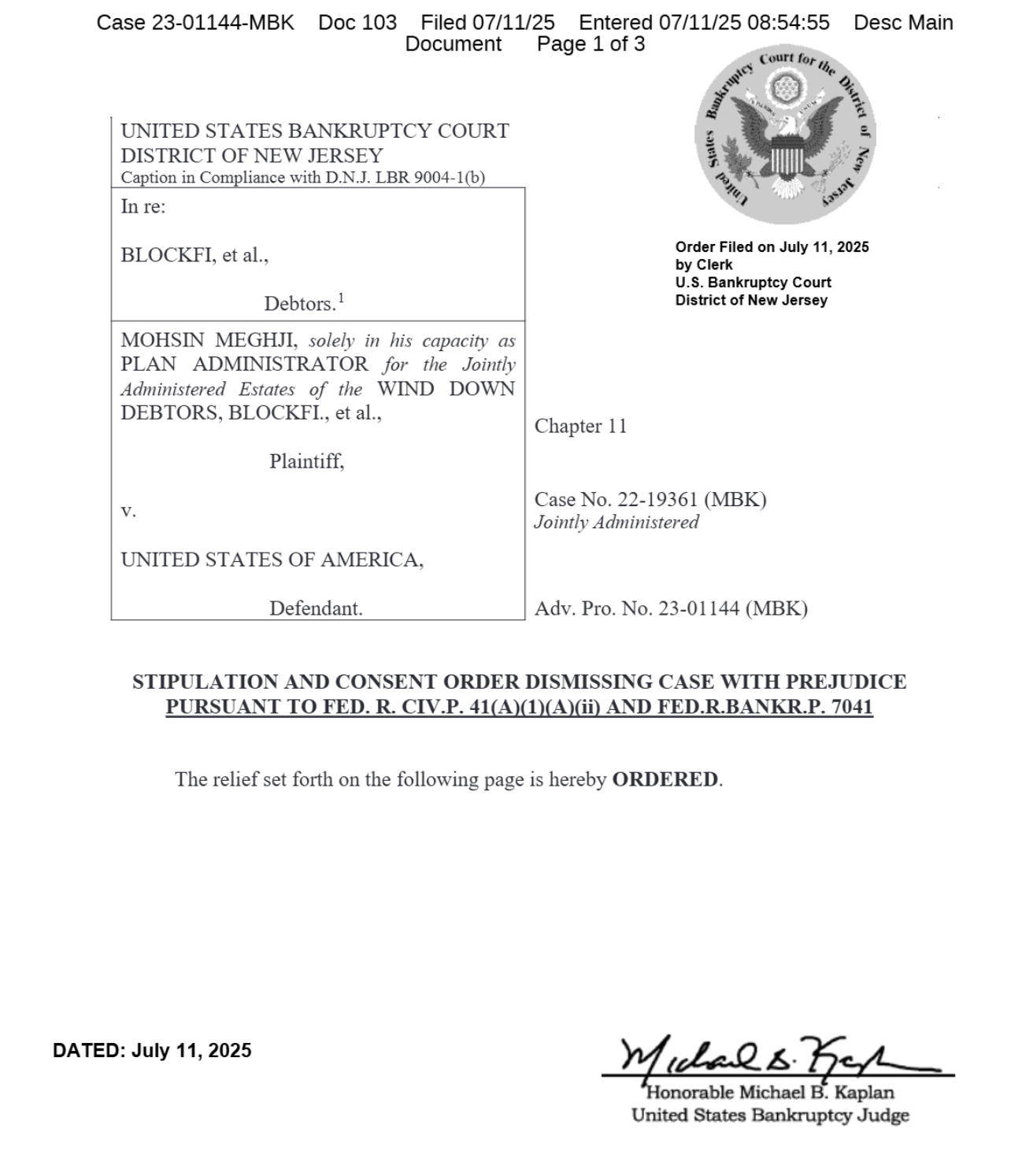 BlockFi bankruptcy administrator and DOJ agree to dismiss $35M lawsuit